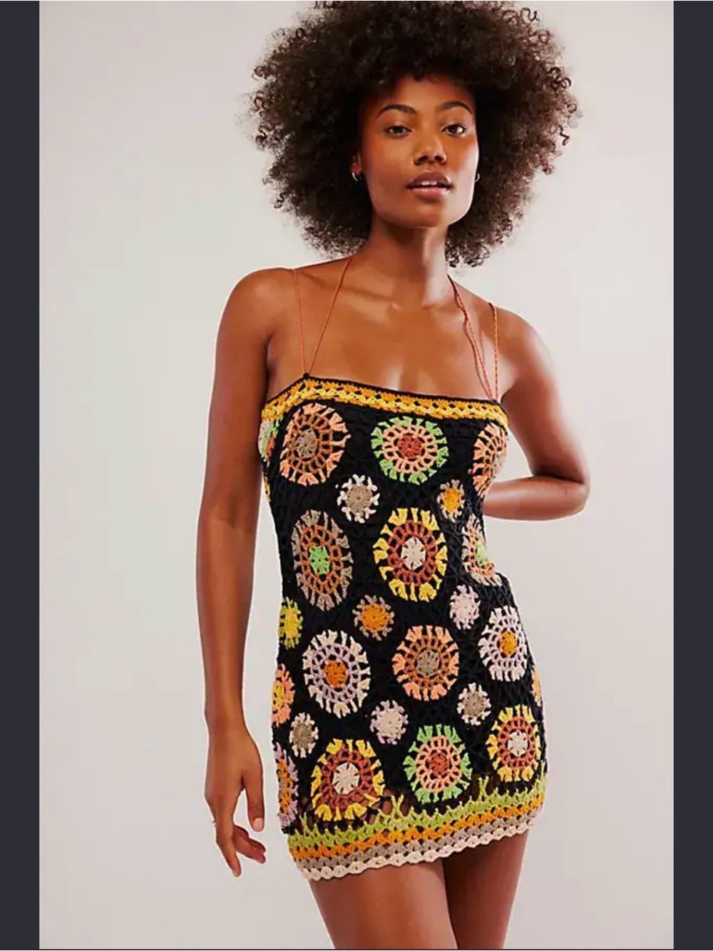Free People Black Crochet Bodysuit Mini with Multicolor Medallions